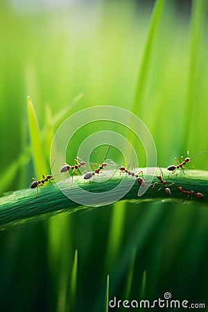 Team of ants running around the curved green blade of grass AI generated Stock Photo