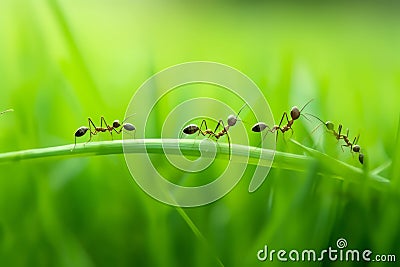 Team of ants running around the curved green blade of grass AI generated Stock Photo