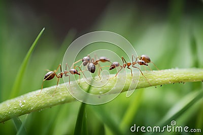 Team of ants running around the curved green blade of grass AI generated Stock Photo