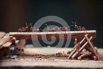Team of ants work constructing bridge, teamwork AI generated Stock Photo