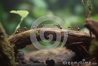 Team of ants work constructing bridge, teamwork AI generated Stock Photo