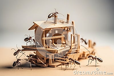 Team of ants work constructing house AI generated Stock Photo