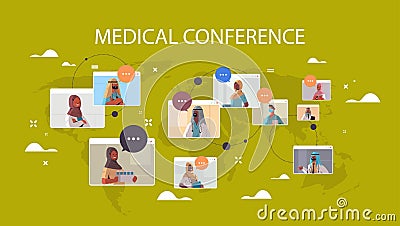 team of arabic doctors in web browser windows discussing during video conference medicine healthcare concept Vector Illustration