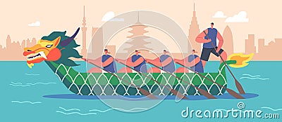 Team of Asian Athletes Swim On Dragon Boat. Concept Of Rowing Competition, People Enjoy Active Water Sports Game Vector Illustration