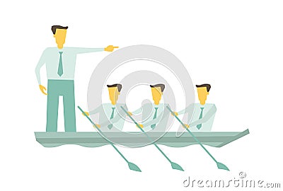 Team boat together. Business teamwork leadership concept. Leader working in team, motivating to move forward for success Vector Illustration