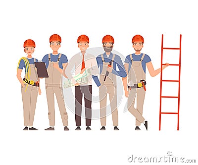 Team of builders in gray overalls and blue shirts with tools in their hands next to the stairs. Vector Illustration