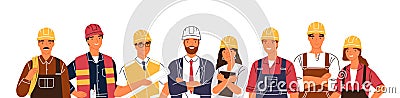 Team of builders and industrial workers standing together vector flat illustration. Portrait of smiling colleagues in Vector Illustration