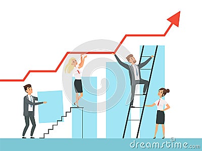 Team building. Business managers growth up stairs to their mentor leader vector concept characters Vector Illustration