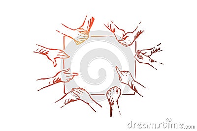 Team building exercise, deaf mute people communication, community cooperation, hands showing gestures Vector Illustration