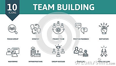Team Building icon set. Collection of simple elements such as the focus group, synergy, project team, positive feedback Vector Illustration