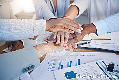 Team building, teamwork and business people hand stack together for motivation for sales goals and target. Chart Stock Photo