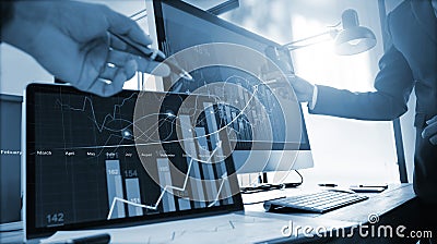 Team of business analysis sale data and discuss the situation on the market on business growth and progress on global network Stock Photo