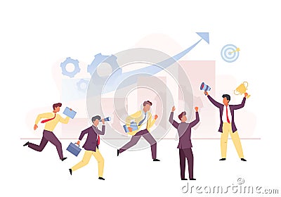 Team business competition concept. Group manager characters running towards main career prize growing financial Vector Illustration