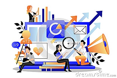 Marketers analyzes data, develops product promotion strategy. Vector illustration. Digital marketing searching trends Vector Illustration