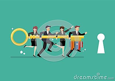 Team of Business people holding knowledge key to unlock the lock Vector Illustration