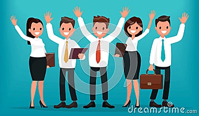 Team of business people with their hands up. Successful group of Cartoon Illustration