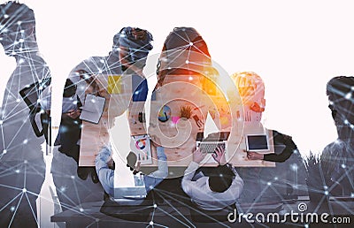 Team of businessmen work together in office. Concept of teamwork and partnership with network effect. double exposure Stock Photo