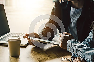 Team businessmans job . working with laptop in open space office Stock Photo