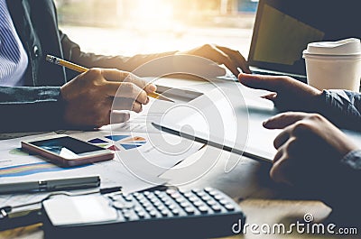 Team businessmans job . working with laptop in open space office Stock Photo