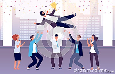 Team celebrates victory. Employees throw colleague up celebrating event. Successful manager with corporate business Vector Illustration