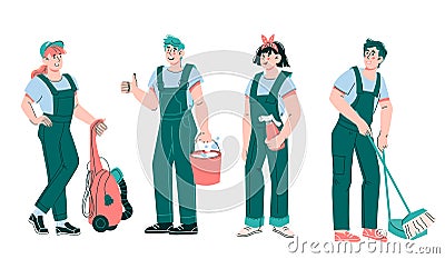 Team of cleaners and janitors male and female characters, cartoon vector isolated Vector Illustration