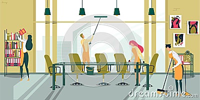 Team Cleaning Conference Hall with Equipment. Vector Illustration