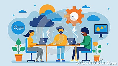 A team of cognitive computers processing weather data to make accurate and timely predictions for severe weather events Vector Illustration