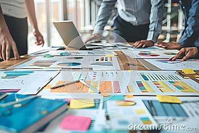 Team Collaborates on Data Analysis Charts and Graphs, Strategizing Business Growth with Visual Reports and Sticky N Stock Photo
