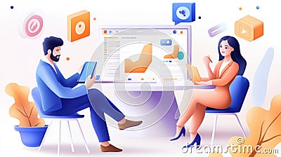 team collaborates on economic policy development using digital tools, analyzing data on screen with charts and graphs in modern Stock Photo