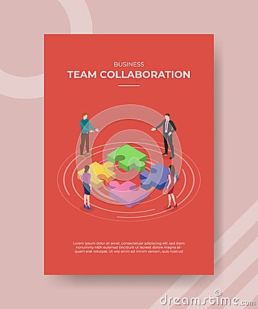 team collaboration concept people around puzzle for template of banner and flyer for printing magazine cover and poster with Vector Illustration