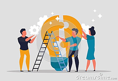 Team collaboration to create ideas. People assemble a light bulb as a puzzle as team. Team problem solving and business success Vector Illustration