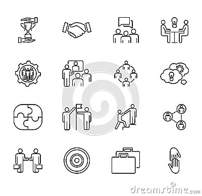 Team collaboration vector illustration collection set. Outlined icons with people cooperation, working together and job meeting. Vector Illustration