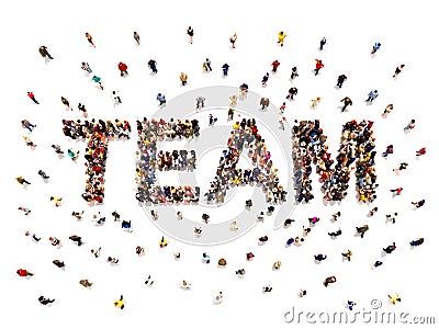 Team concept .3d rendering of a diverse large group of people forming the shaped text word for teamwork. Stock Photo