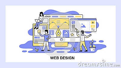 Team of designers develop new project. Web design and digital graphic concept. Drawing, logo, wireframe. Vector web site Vector Illustration