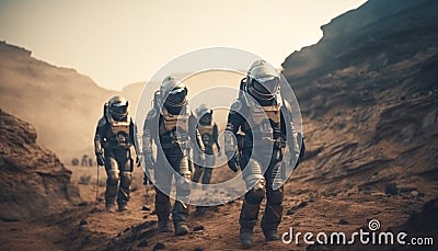 A team of determined military heroes explore futuristic landscapes together generated by AI Stock Photo