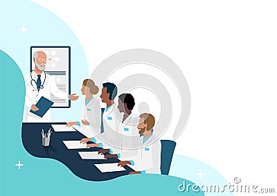 Team of doctors confer, study, hold a conference, training or cosilium Vector Illustration