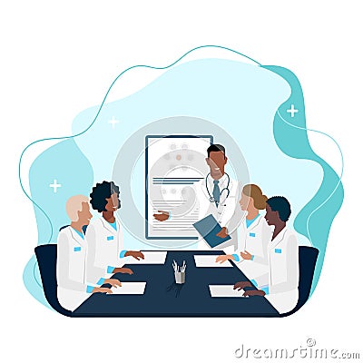 Team of doctors confer, study, hold a conference, training or cosilium Vector Illustration