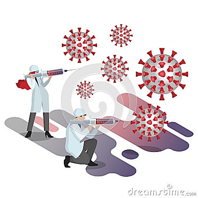 Team of doctors - a man and a woman - fight an attacking giant coronavirus 2019-ncov Vector Illustration