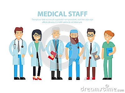 Team of doctors, nurses and other hospital workers stand together. Vector people illustration isolated on white background with th Cartoon Illustration