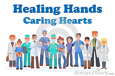 Team of doctors and other hospital workers banner vector illustration. Medicine professionals and medical staff people Vector Illustration