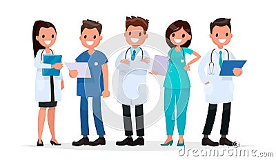 Team doctors on a white background. Vector illustration in a fla Cartoon Illustration