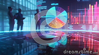 A team of economists utilizing advanced statistical software to analyze a complex pie chart of income distribution Stock Photo