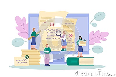 Team of editors and copywriters work on text, flat vector illustration isolated. Vector Illustration