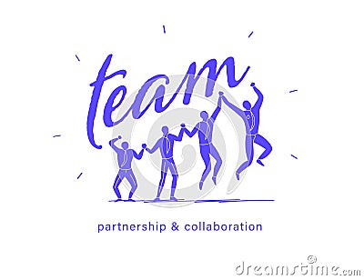 Team emblem, logo with text, happy celebrating office people group silhouettes holding hands together jump and celebrate. Vector Illustration