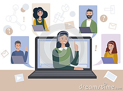 The team of employees speaks at a video conference. Online meeting of friends, virtual communication during quarantine. Online Vector Illustration