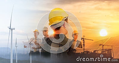 Team of Engineer people working in wind turbine and industirial with double exposure. Concept engineers Stock Photo