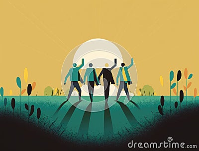 A team of entrepreneurs walk together in an open field of grass the sun shining brightly down on them with each having Stock Photo