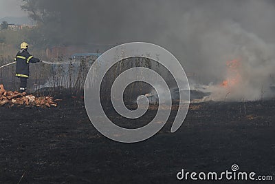 A team of firefighters extinguished a fire near the southern ring road in Sofia Editorial Stock Photo