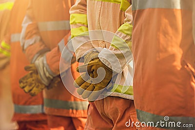 Team fireman training fighting fire. Stock Photo