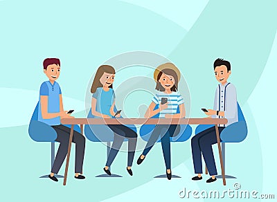 A team of guys sitting in the office at the table. Vector Illustration